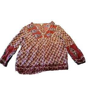 Lucky Brand Annabelle Mixed Print Peasant Top Size Small White & Brick Red boho